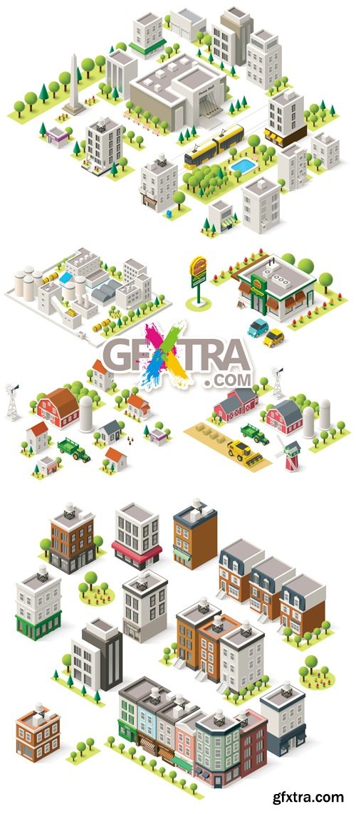 Isometric Buildings Icons Vector