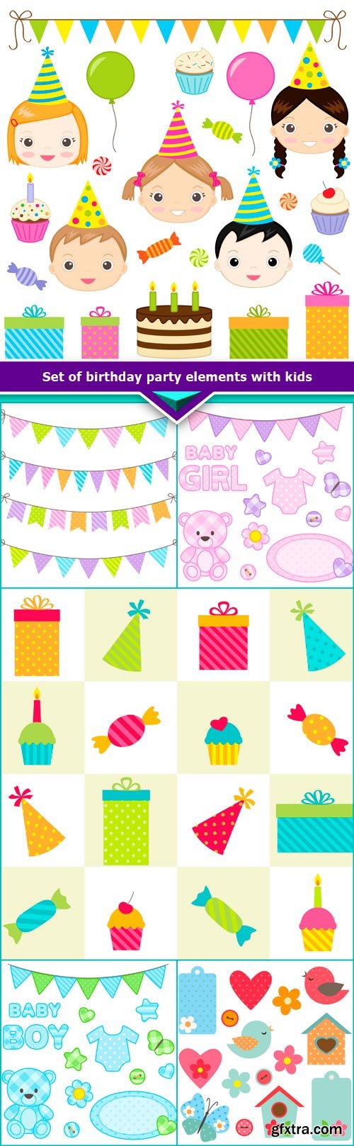 Set of birthday party elements with kids 6x JPEG