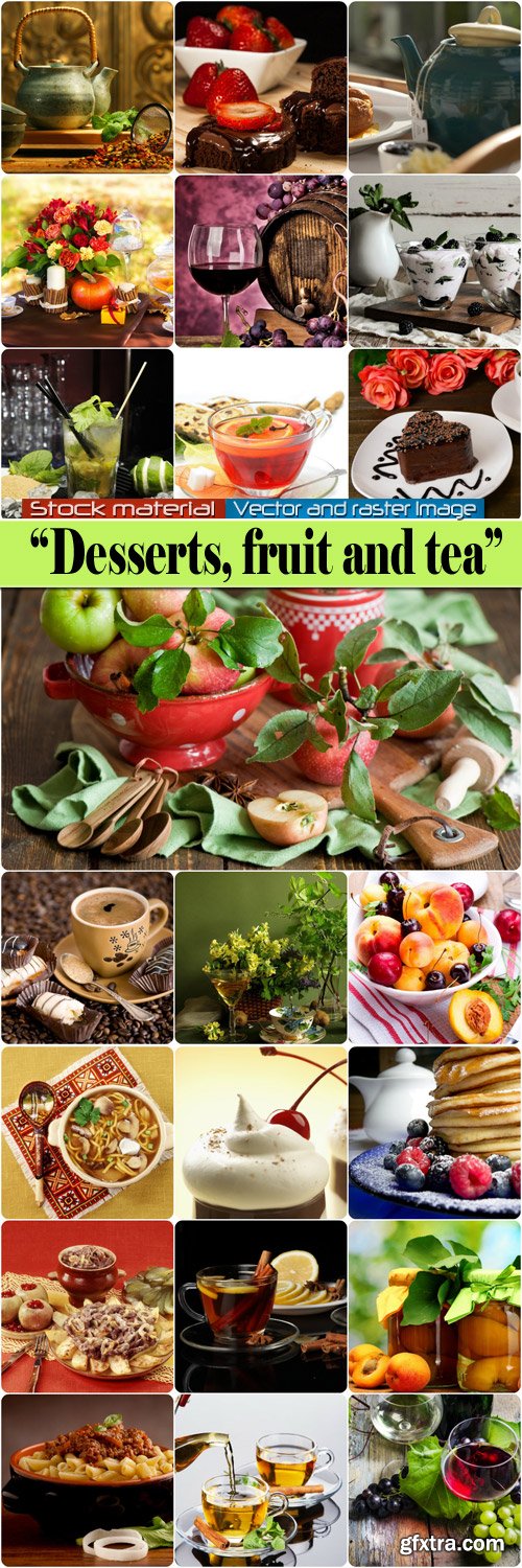 Tasty desserts, fruit and tea