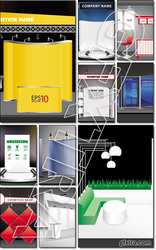 Blank trade exhibition stand with widescreen lcd monitor, counter, chair, roll-up banner and lights with identity background - Vector