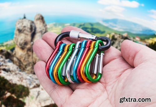 Collection of extreme sports mountain climbing rock alpinist equipment rope carabiner hook 25 HQ Jpeg