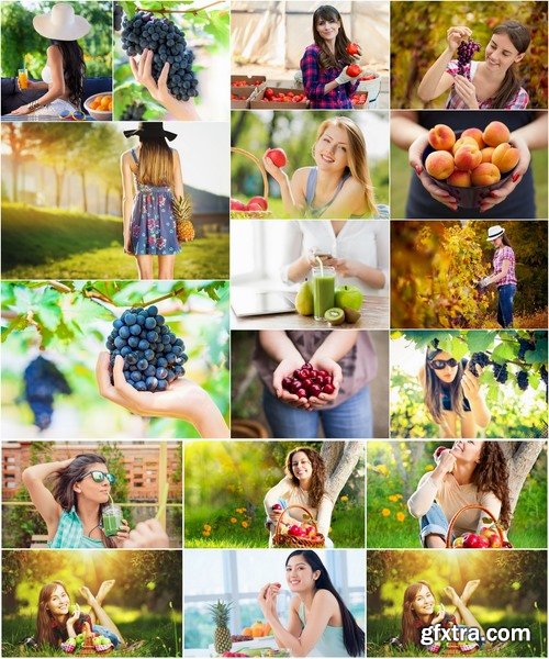 Collection of beautiful girl collects fruit vegetable grapes an apricot 25 HQ Jpeg