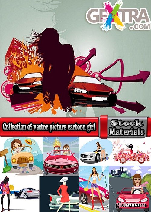 Collection of vector picture cartoon girl woman car icon picture for T-shirt 25 Eps