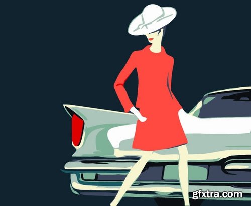 Collection of vector picture cartoon girl woman car icon picture for T-shirt 25 Eps