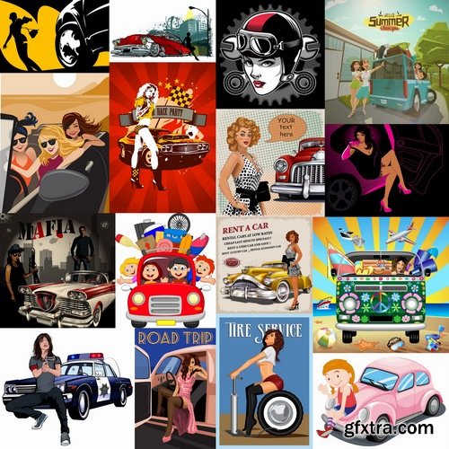 Collection of vector picture cartoon girl woman car icon picture for T-shirt 25 Eps