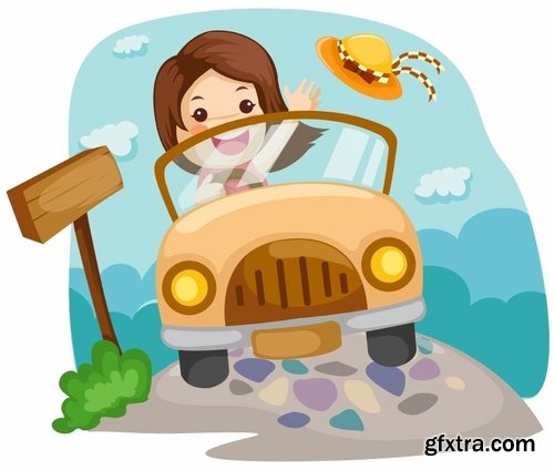 Collection of vector picture cartoon girl woman car icon picture for T-shirt 25 Eps