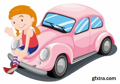 Collection of vector picture cartoon girl woman car icon picture for T-shirt 25 Eps