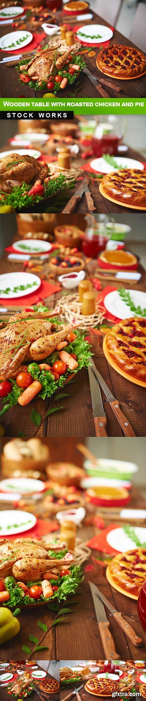 Wooden table with roasted chicken and pie - 6 UHQ JPEG