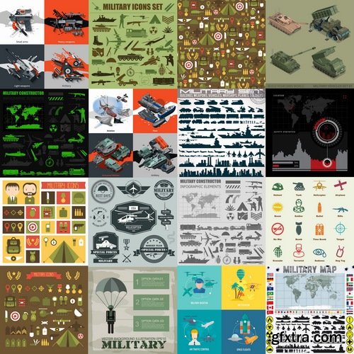 Collection of vector picture military aircraft infographics tank weapons soldiers 25 EPS