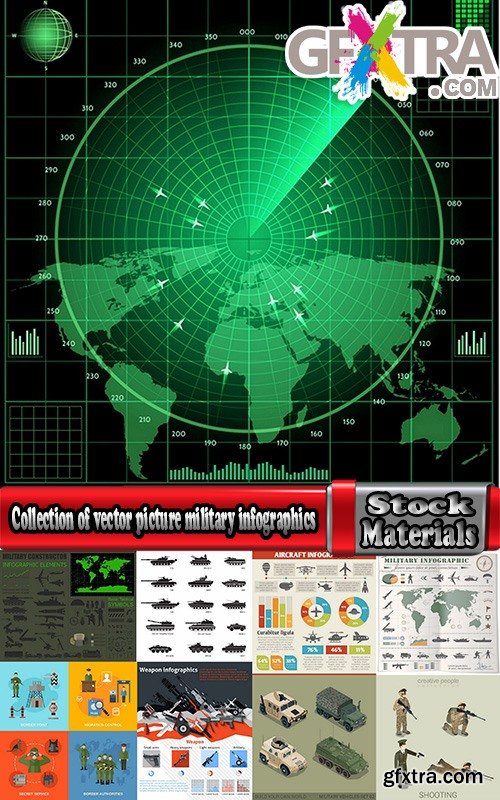 Collection of vector picture military aircraft infographics tank weapons soldiers 25 EPS