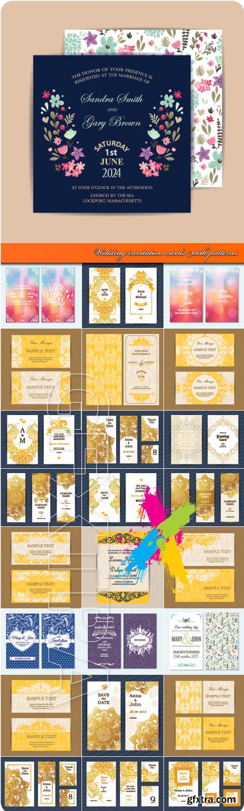 Wedding invitation cards with patterns vector