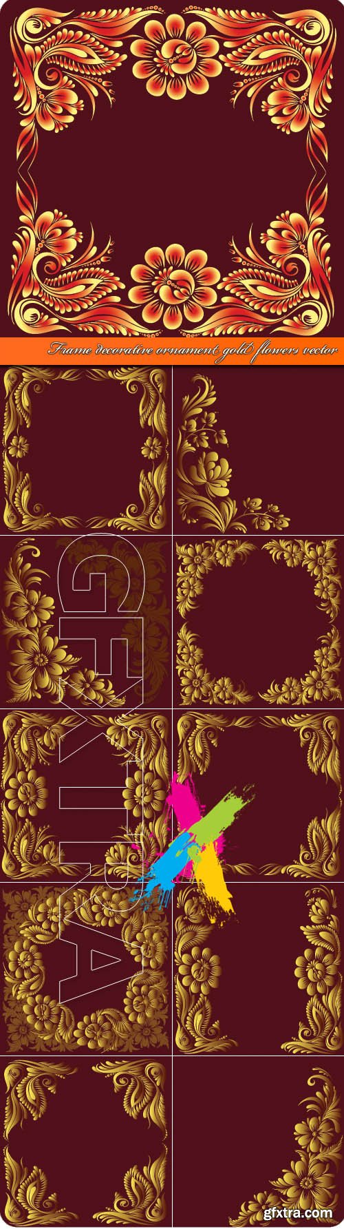 Frame decorative ornament gold flowers vector