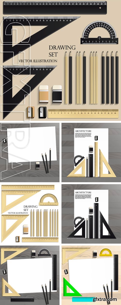 Stock Vectors - Workplace art board, paper, ruler, protractor, pencils, eraser and sharpener realistic on a wooden background