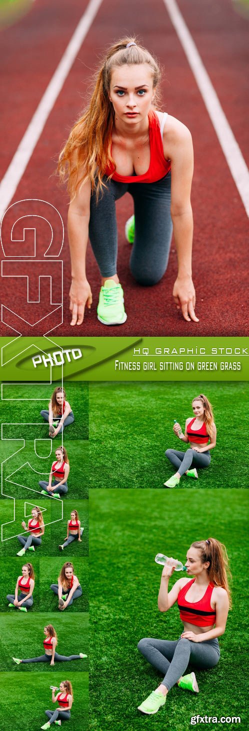 Stock Photo - Fitness girl sitting on green grass