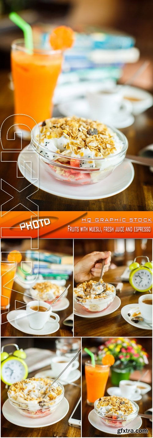 Stock Photo - Fruits with muesli, fresh juice and espresso