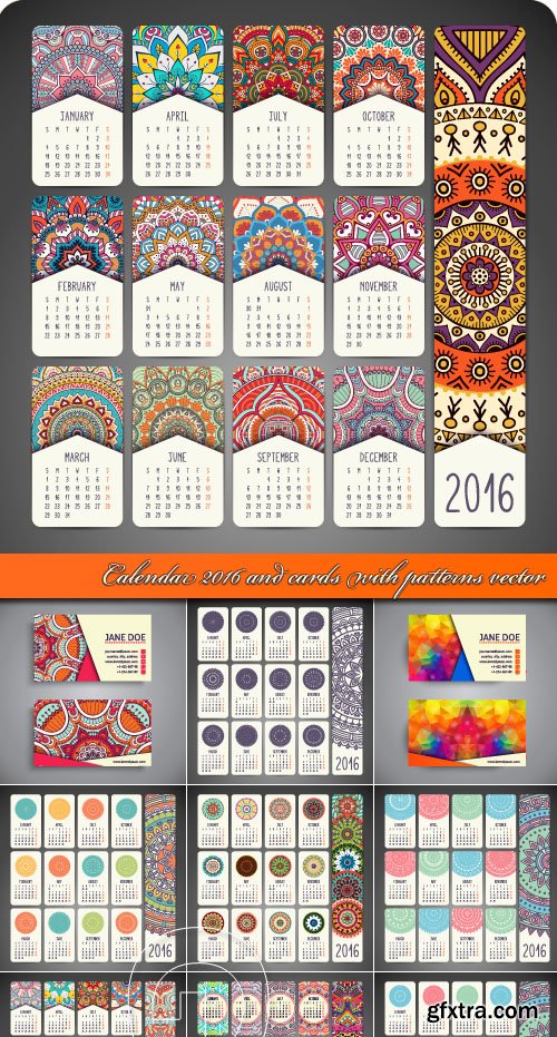 Calendar 2016 and cards with patterns vector