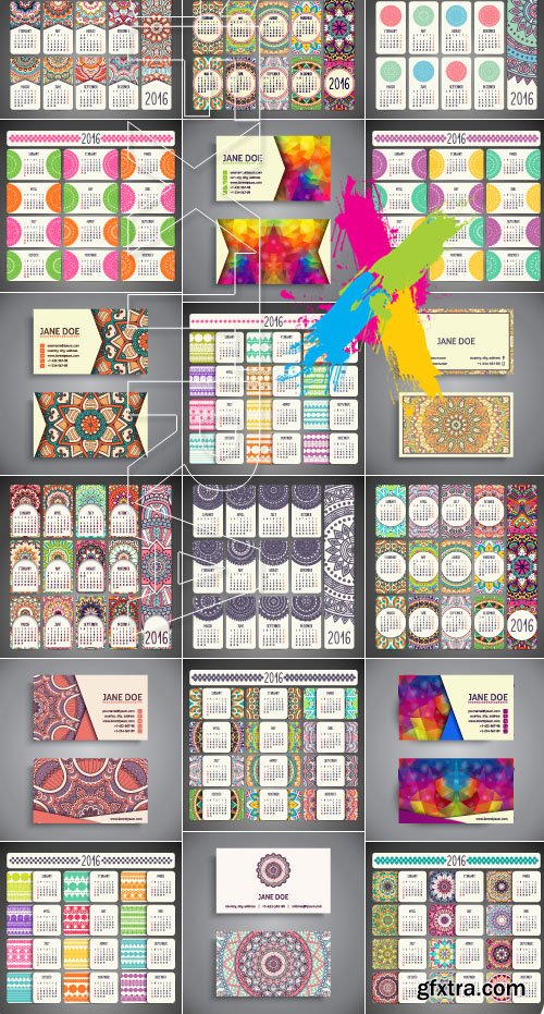 Calendar 2016 and cards with patterns vector