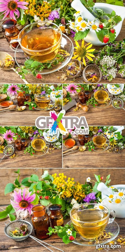 Stock Photo - Tea & Herbs om Wooden Background