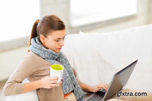 Collection girl woman in the room on the couch with a laptop and telephone blanket bed 25 HQ Jpeg