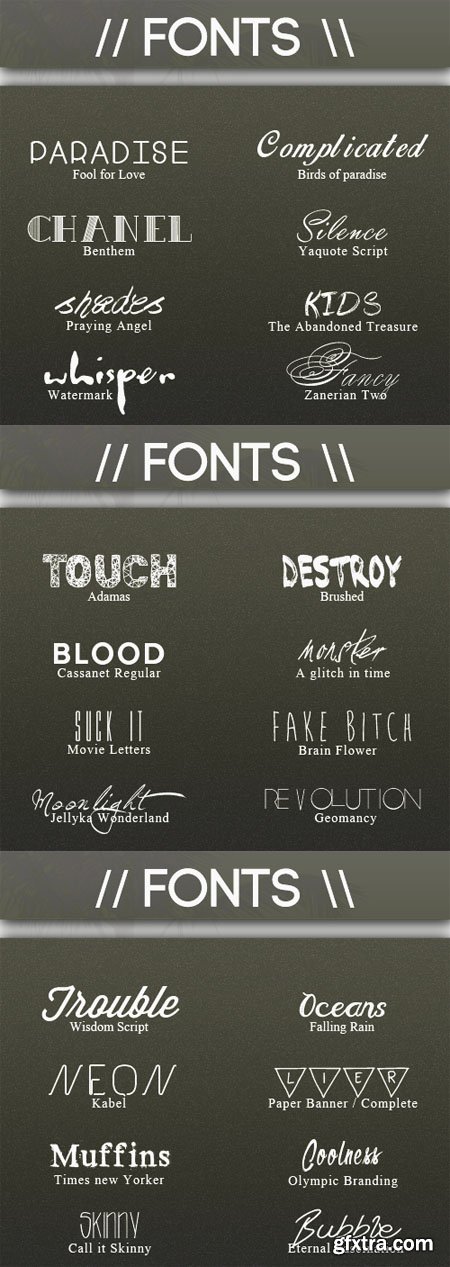 3 Fonts Packs (30 Fonts) - Heroine, Hell Yeah and Sad Faces