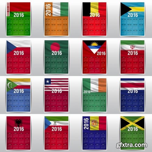 Collection picture vector calendar 2016 against a background of flags of different countries 25 EPS