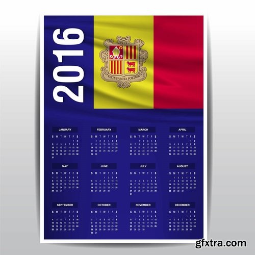 Collection picture vector calendar 2016 against a background of flags of different countries 25 EPS