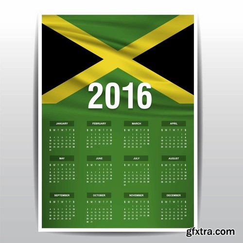 Collection picture vector calendar 2016 against a background of flags of different countries 25 EPS