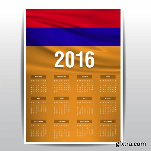 Collection picture vector calendar 2016 against a background of flags of different countries 25 EPS