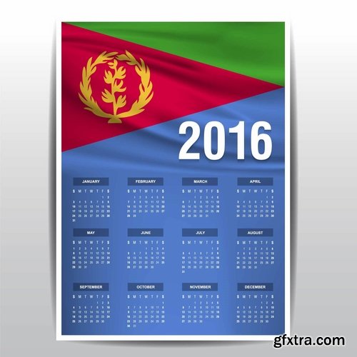 Collection picture vector calendar 2016 against a background of flags of different countries 25 EPS