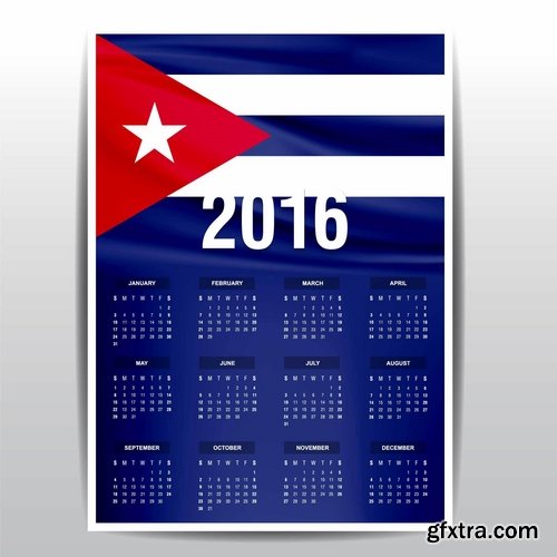 Collection picture vector calendar 2016 against a background of flags of different countries 25 EPS