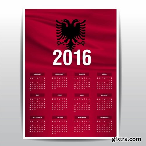 Collection picture vector calendar 2016 against a background of flags of different countries 25 EPS