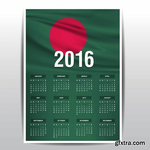 Collection picture vector calendar 2016 against a background of flags of different countries 25 EPS