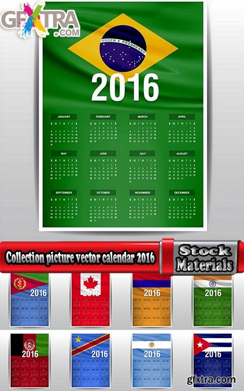 Collection picture vector calendar 2016 against a background of flags of different countries 25 EPS