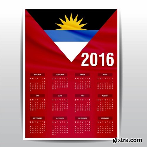 Collection picture vector calendar 2016 against a background of flags of different countries 25 EPS