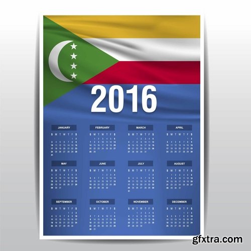 Collection picture vector calendar 2016 against a background of flags of different countries 25 EPS