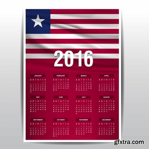 Collection picture vector calendar 2016 against a background of flags of different countries 25 EPS