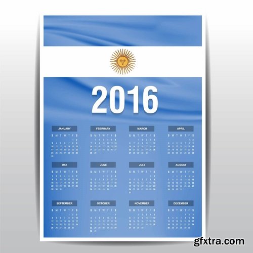 Collection picture vector calendar 2016 against a background of flags of different countries 25 EPS