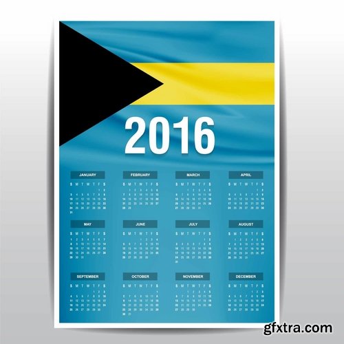 Collection picture vector calendar 2016 against a background of flags of different countries 25 EPS