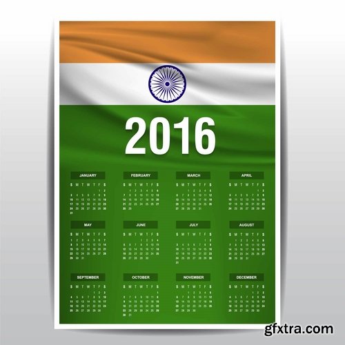 Collection picture vector calendar 2016 against a background of flags of different countries 25 EPS