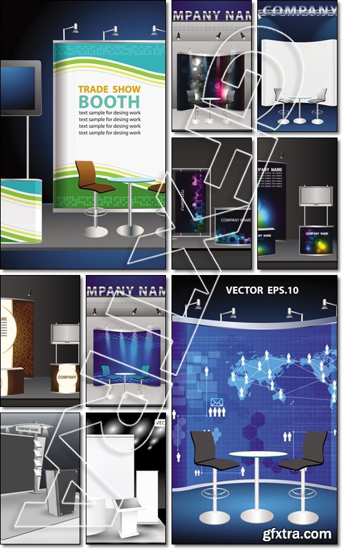 Blank trade exhibition stand with widescreen lcd monitor, counter, chair, roll-up banner and lights with identity background ready for use - Vector