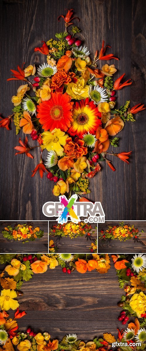 Stock Photo - Autumn Flowers on Wooden Background 2