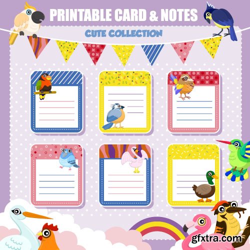 Children card templates cartoon animals and birds vector