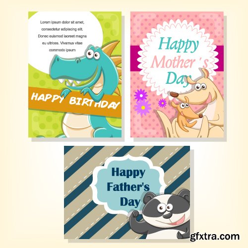 Children card templates cartoon animals and birds vector