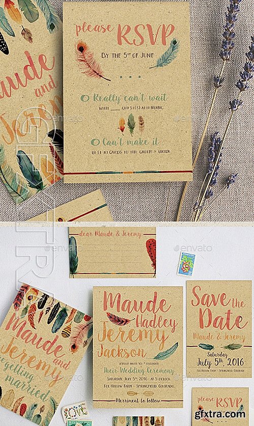 GraphicRiver - Watercolor Feather Wedding Invitation Set 12783475