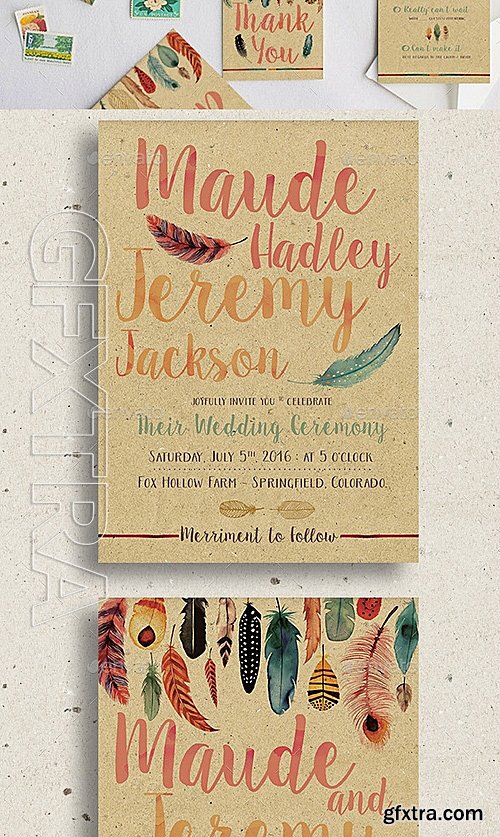 GraphicRiver - Watercolor Feather Wedding Invitation Set 12783475