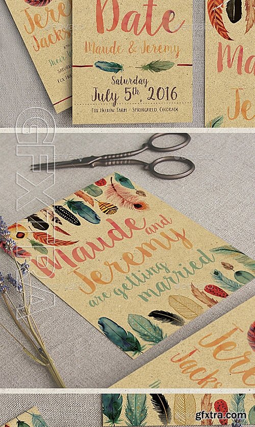 GraphicRiver - Watercolor Feather Wedding Invitation Set 12783475