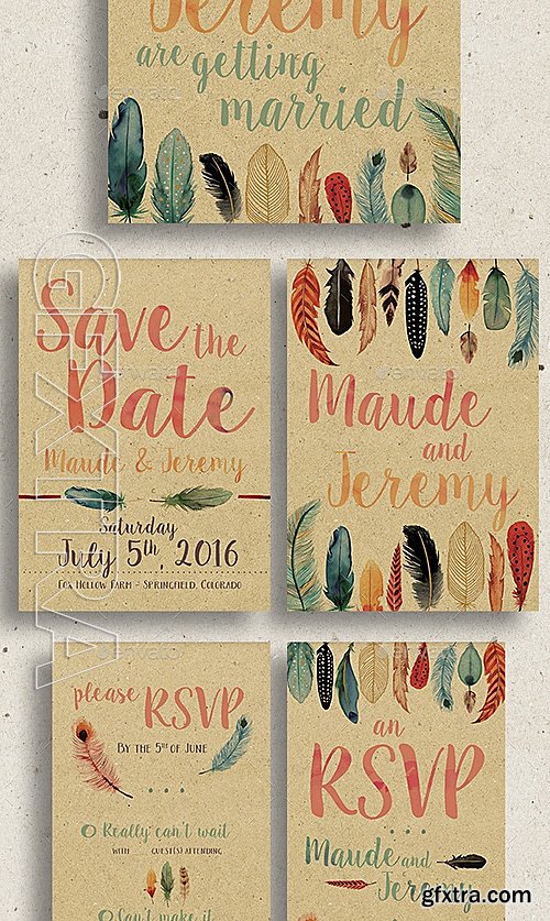 GraphicRiver - Watercolor Feather Wedding Invitation Set 12783475