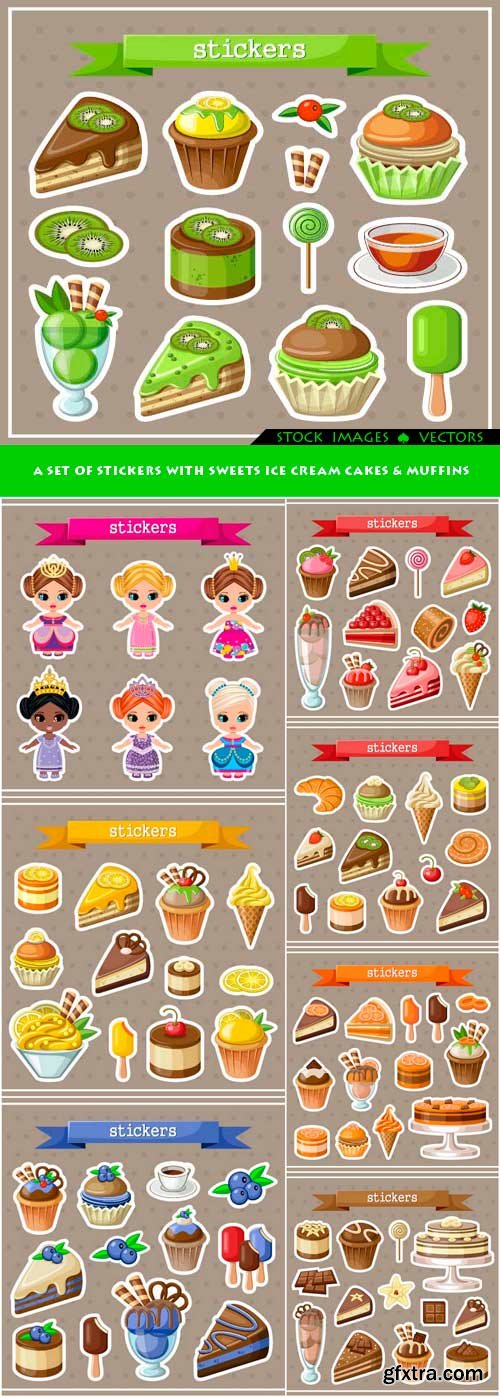 A set of stickers with sweets ice cream cakes &amp; muffins 8x EPS