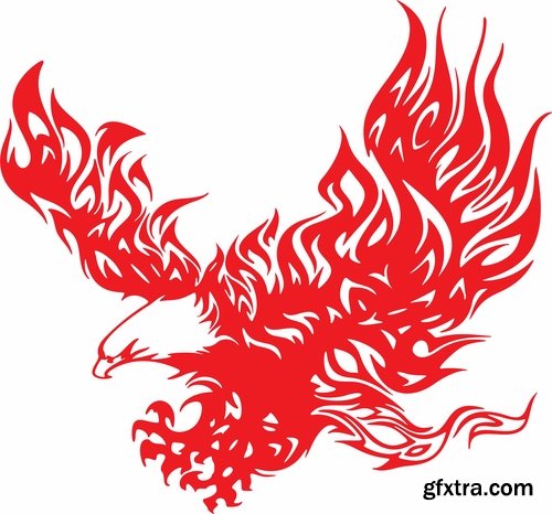 Collection of vector picture fire sticker fiery horse abstract animal bird eagle 25 EPS