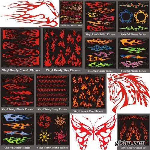 Collection of vector picture fire sticker fiery horse abstract animal bird eagle 25 EPS